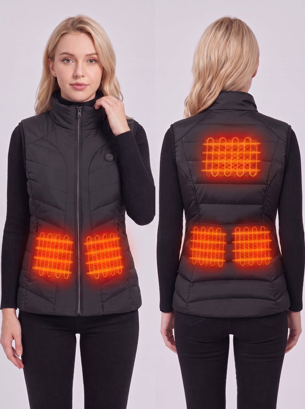 Split‑screen product image showing front and back views of women's black heated vest. Glowing orange heating elements are visible on abdomen, upper‑back and lower‑back, light‑grey studio background.