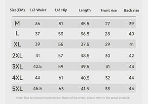 Size chart for pants with measurements in centimeters