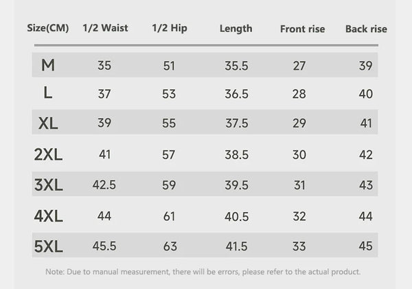 Size chart for pants with measurements in centimeters