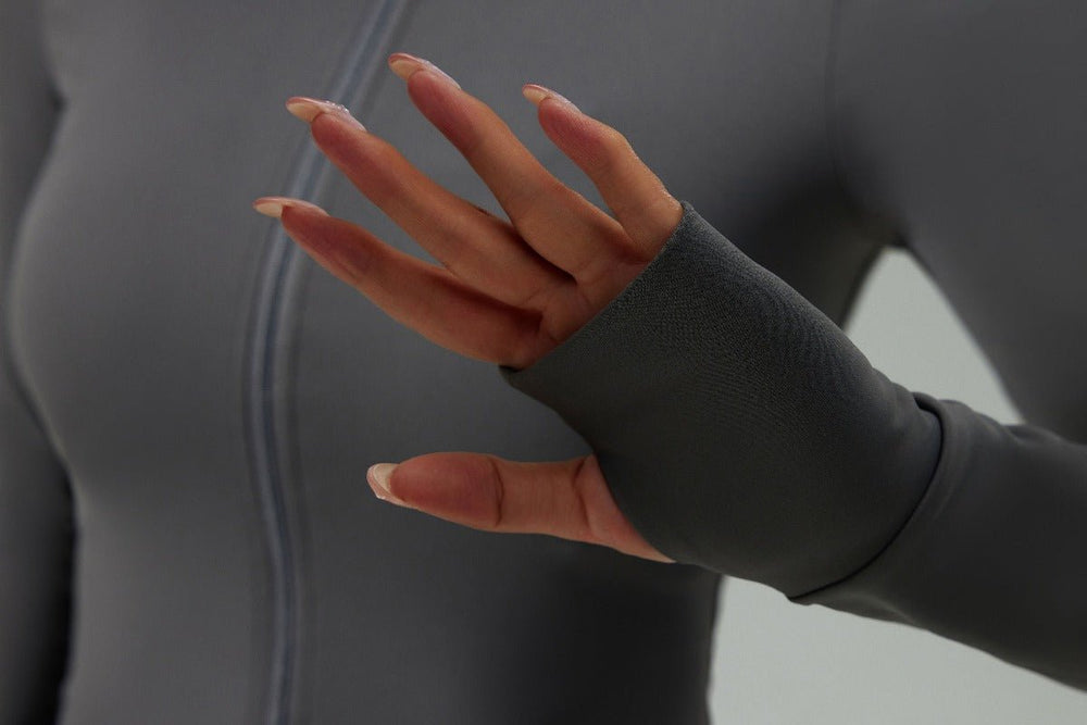 gray zip upSports Jacket  with thumbhole support