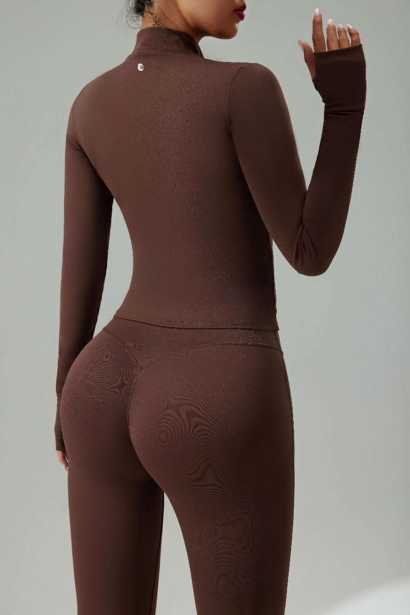 brown zip up UPF 50+ Slim Fit Sports Jacket and bum lift leggings
