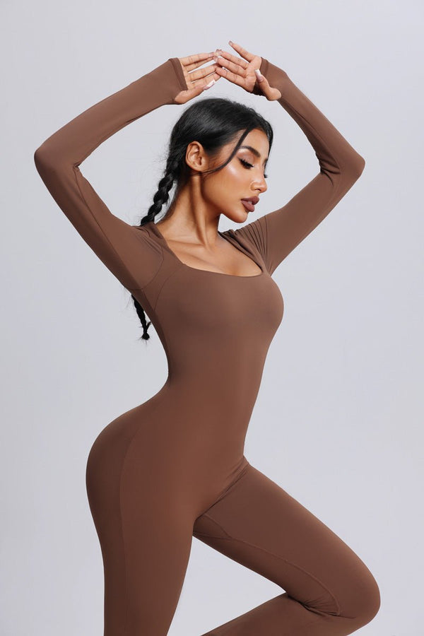 #brown Square Neck Flared Yoga Jumpsuit with thumbhole sleeves