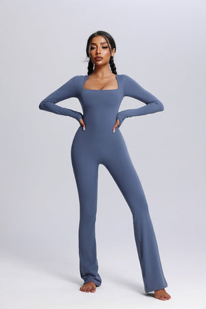 womens #blue Square Neck Flared Yoga Jumpsuit