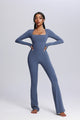 Square Neck Long Sleeve Flared Yoga Jumpsuit