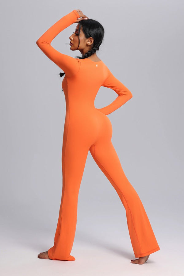 #orange Square Neck Flared Yoga Jumpsuit with butt lift by Anniou