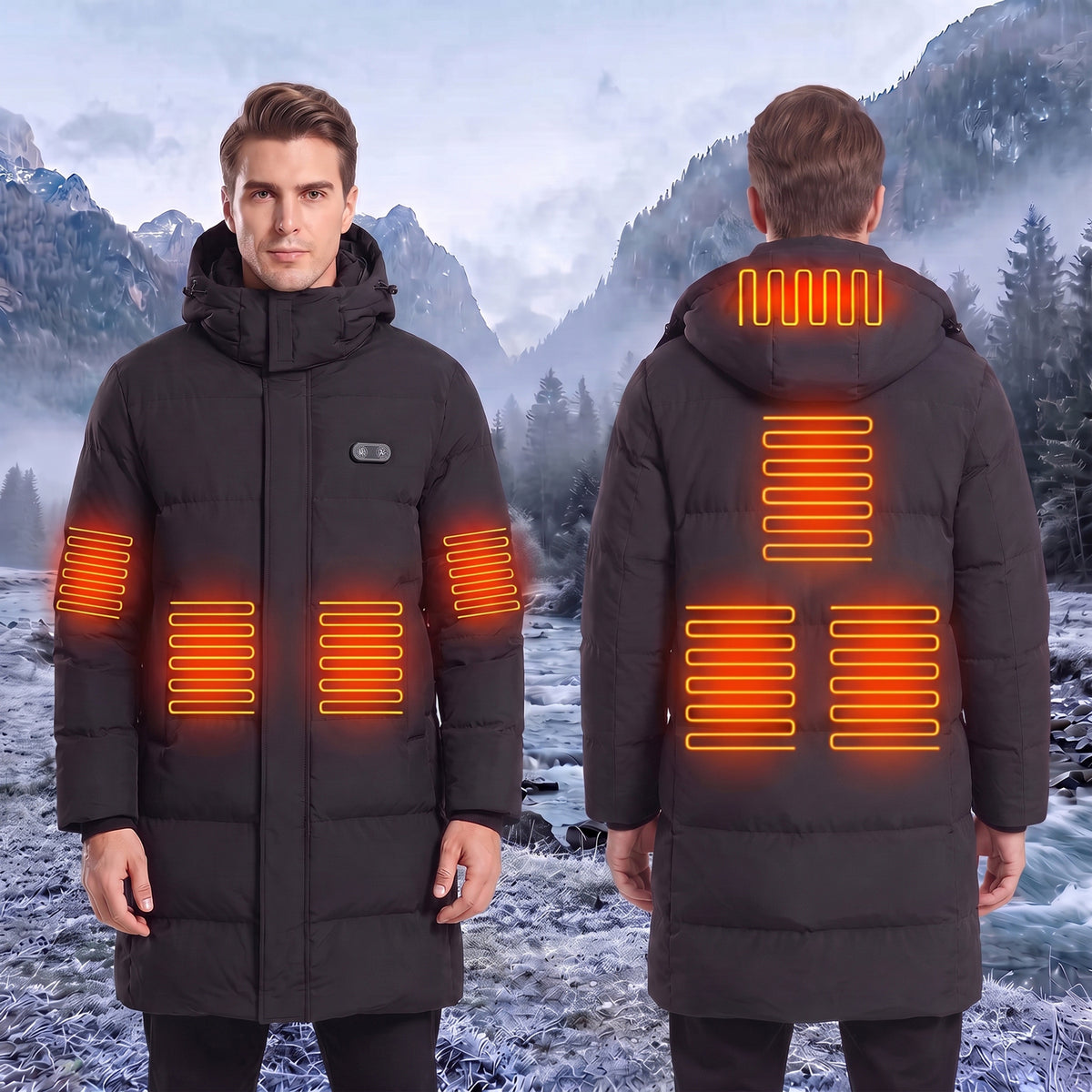8 area Mid Length Heated Quilted Jacket