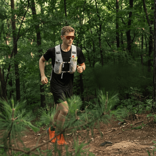 #light grey A man is carrying a sports water bottle, with a forest in the background.