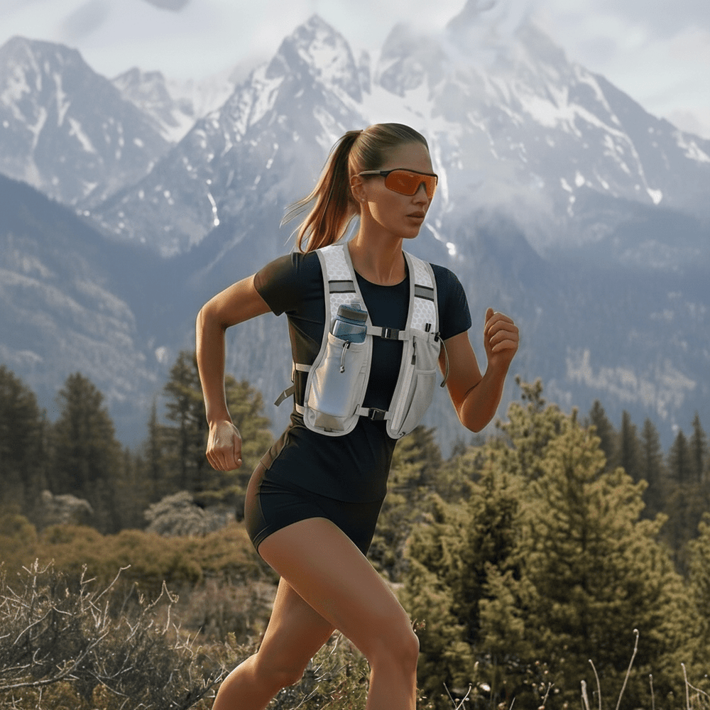 A woman, carrying a water bottle, enjoys a comfortable run outdoors.