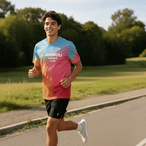 A young man wearing a #rainbow gradient T-shirt is jogging in an outdoor park.