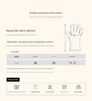 Product information for ski warm gloves including size details and care instructions.