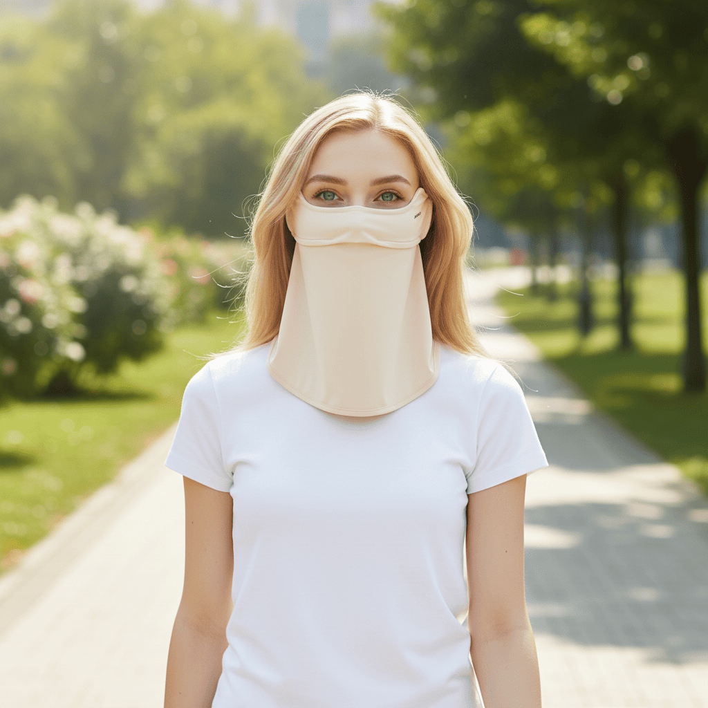 Woman wearing a beige face mask in a park
