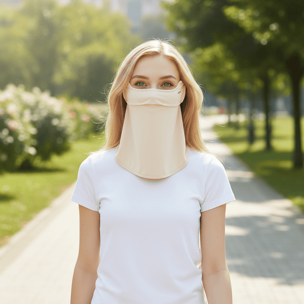 Woman wearing a beige face mask in a park