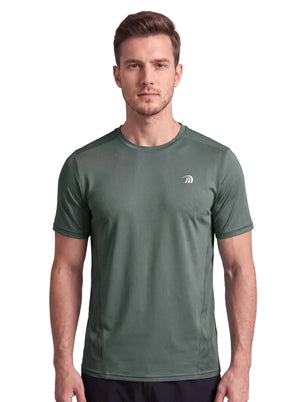 A front-view studio photo of a man wearing a army green athletic T-shirt with a small subtle logo on the left chest, standing against a plain neutral background