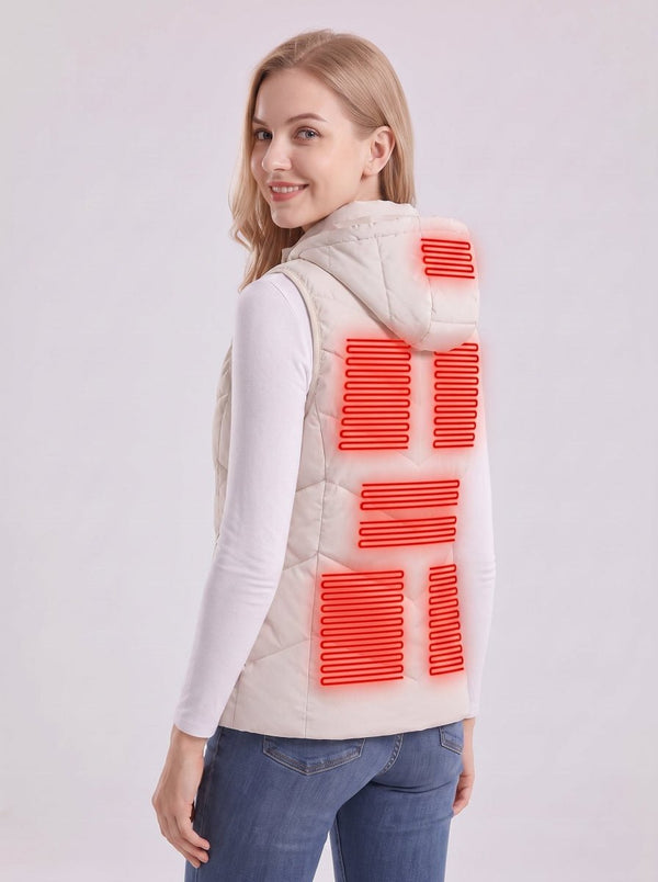 Three‑quarter back view of smiling female model wearing #white heated hooded vest, glowing red back heating zones displayed, white long‑sleeve top and blue jeans, light grey studio background, women heated gilet product photo