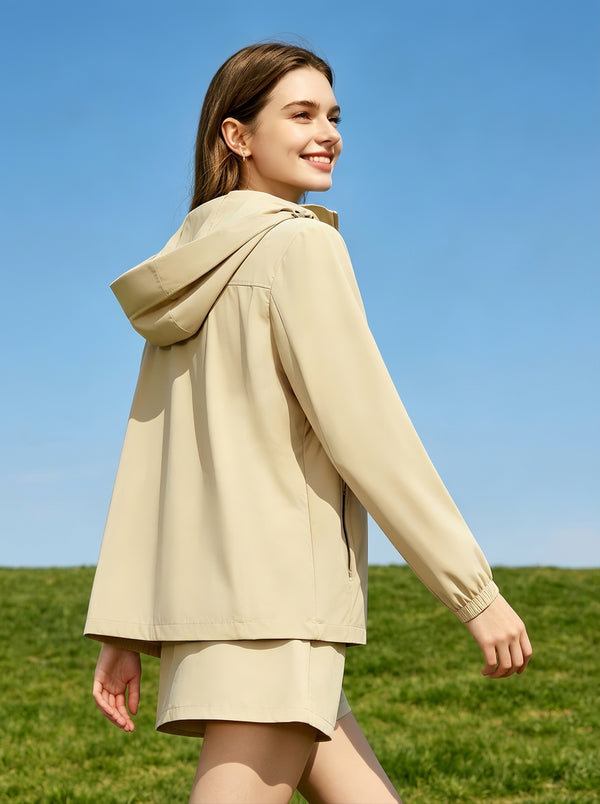 Back Side of #Khaki UPF50 Water Repellent Hooded Jacket