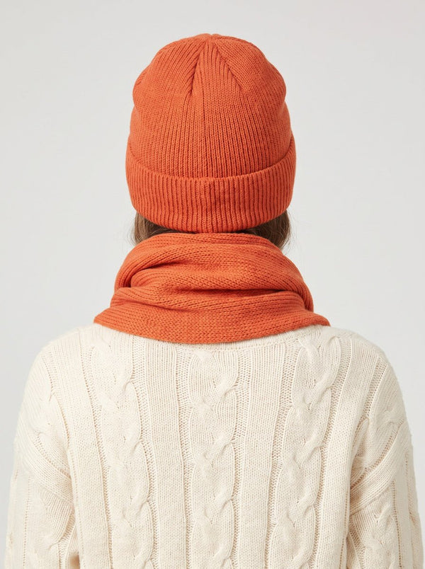 #Orange Back of Knitted Beanie Hat Scarf Gloves Set