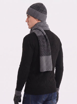 #Darkgrey Men Color Block Rib Knit Hat Scarf  Gloves Set