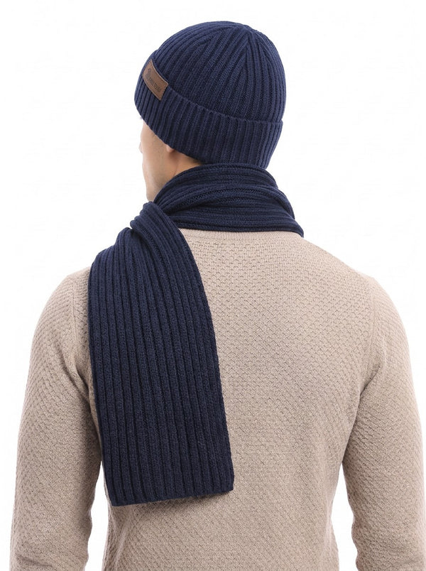 #NavyBlue Back View Men’s Knitted Hat Scarf Gloves Set