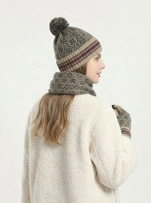 #Beige Back View Vintage Jacquard Knit Hat Scarf Gloves Set 
