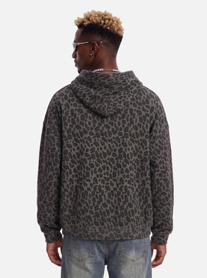 Back View of #Black Leopard Print Waffle Hooded Zip Jacket