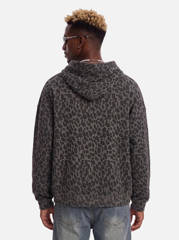 Back View of #Black Leopard Print Waffle Hooded Zip Jacket