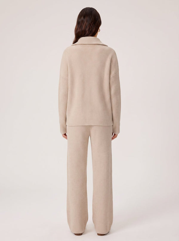 Back of #Beige Ribbed Half Zip Sweater Set