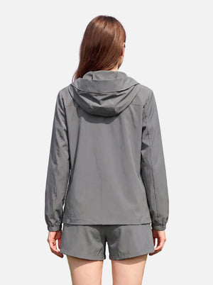 Back of #DarkGrey UPF50 Water Repellent Hooded Jacket
