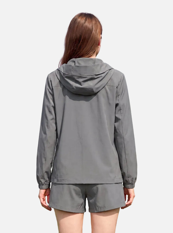 Back of #DarkGrey UPF50 Water Repellent Hooded Jacket