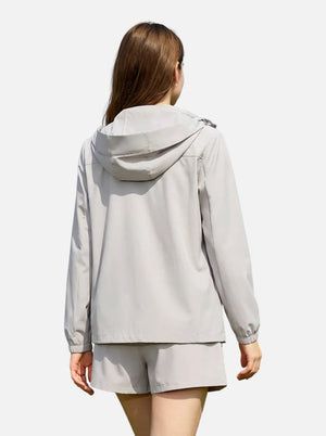 Back of #LightGrey UPF50 Water Repellent Hooded Jacket