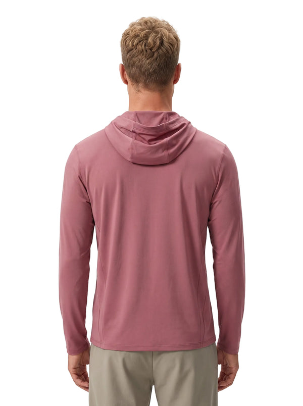 Back view of a Caucasian male model in #Red Strawberry hooded long-sleeve sun protection shirt and khaki trousers against plain white background.