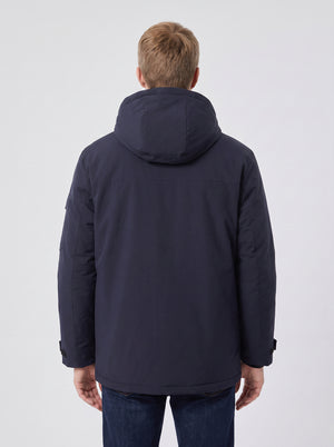 Back of #NavyBlue Outdoor 9 Area Heated Softshell Jacket