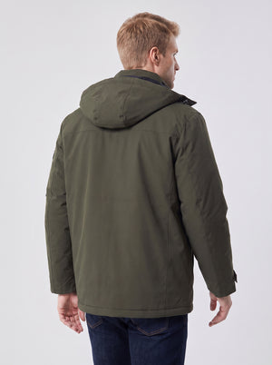 Back of #NavyGreen Outdoor 9 Area Heated Softshell Jacket