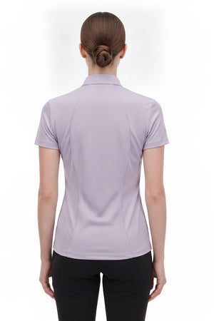 Back of Women's #Purple Short Sleeve Golf Polo