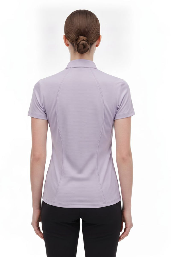 Back of Women's #Purple Short Sleeve Golf Polo