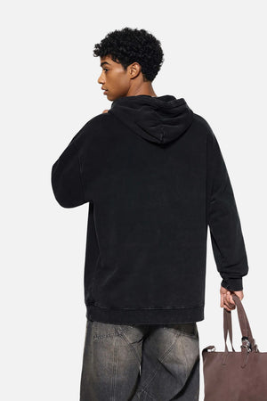 Back view of #Black Heavyweight Wax Dyed Vintage Hoodie