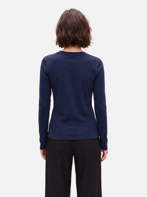 Back view of #NavyBlue Wool Blend Crew Neck Base Layer Top