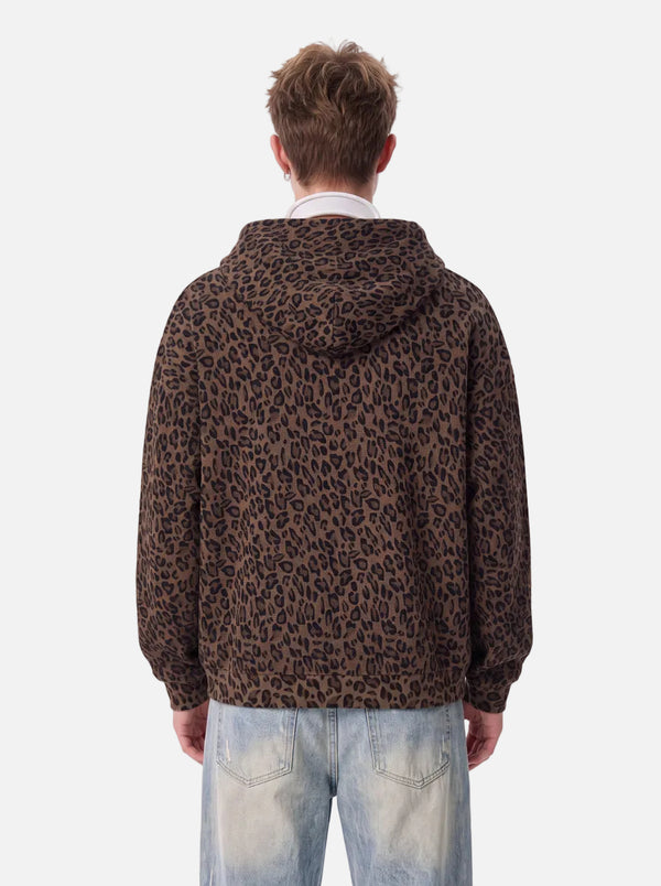 Back view of #brown Leopard Print Waffle Hooded Zip Jacket