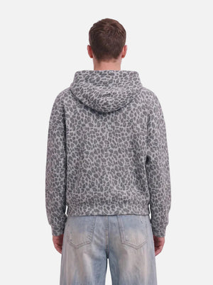 Back view of #gray Leopard Print Waffle Hooded Zip Jacket