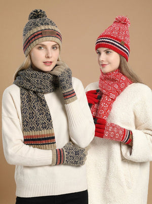 #Beige And Red Vintage Jacquard Knit Hat Scarf Gloves Set
