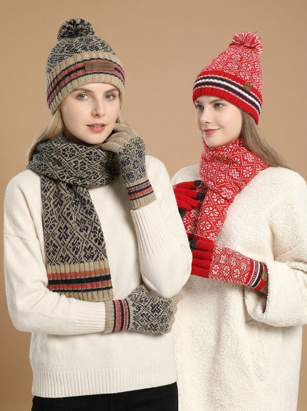 #Beige And Red Vintage Jacquard Knit Hat Scarf Gloves Set