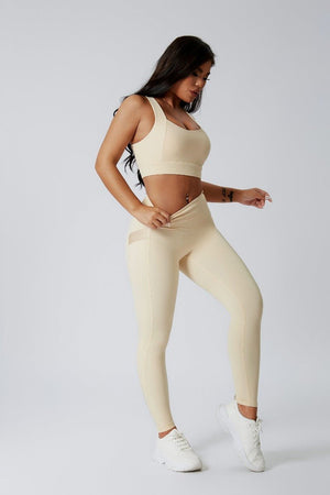 #Beige High Waist Hip Lift Yoga Leggings and Sports Vest