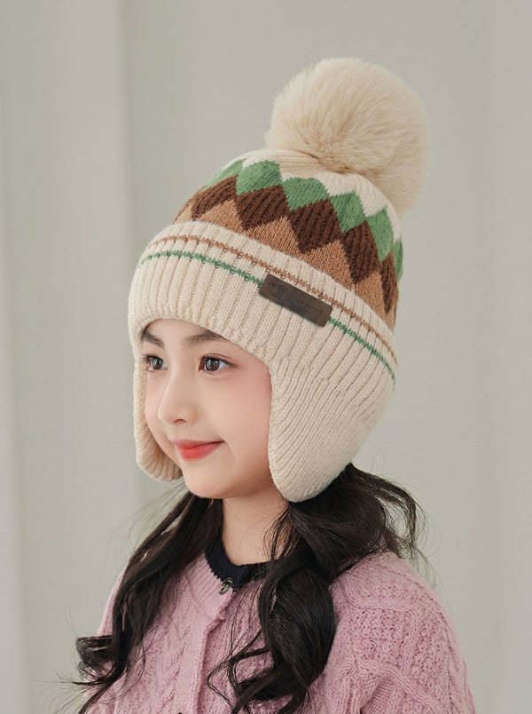 #Beige Kids Argyle Knit Earflap Beanie Hat