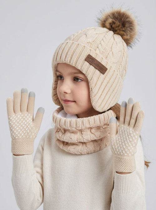 #Beige Kids Ear Flap Plush Pom Knit  Hat Scarf Gloves Set