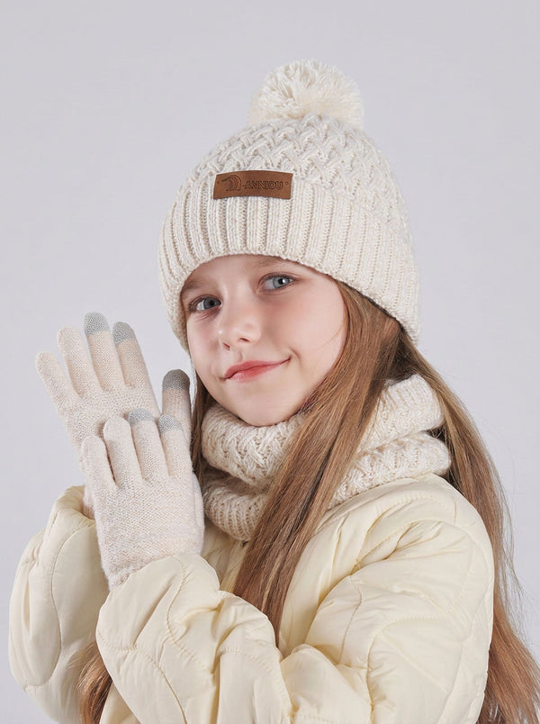 #Beige Kids Fleece Lined Pom Knit Hat Scarf Gloves Set