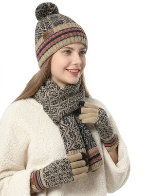 #Beige Vintage Jacquard Knit Hat Scarf Gloves Set