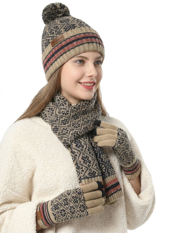 #Beige Vintage Jacquard Knit Hat Scarf Gloves Set