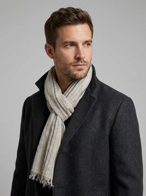 #Beige Men Striped Cotton Linen Scarf