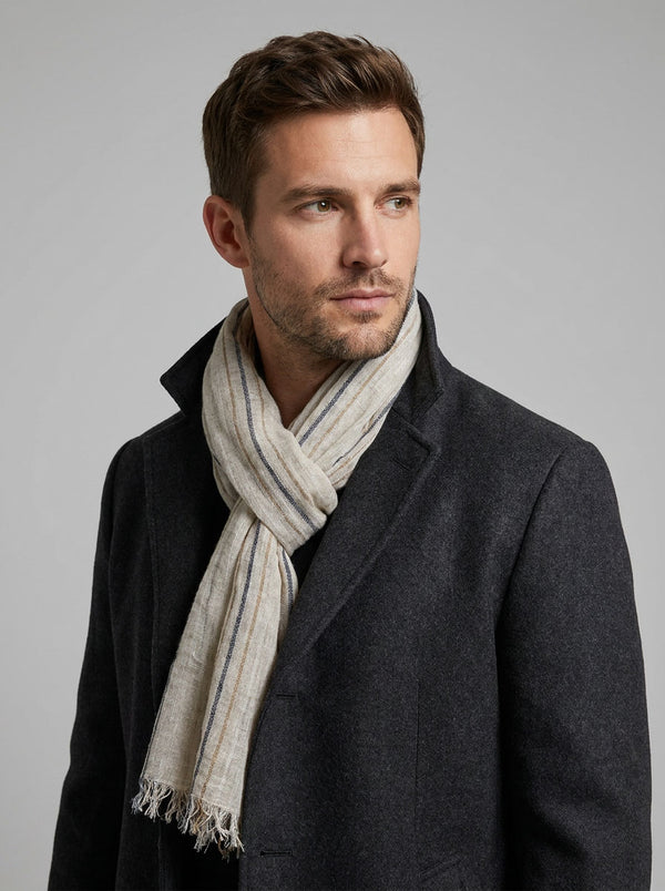 #Beige Men Striped Cotton Linen Scarf