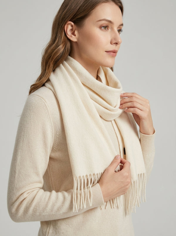 #Beige Pure Wool Solid Tassel Scarf