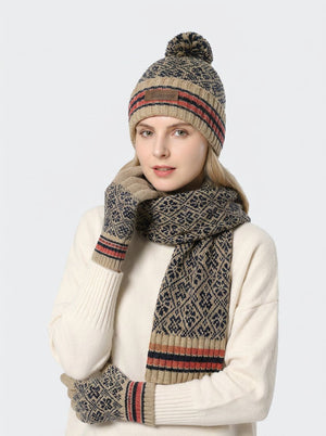 #Beige Vintage Jacquard Knit Hat Scarf Gloves Set